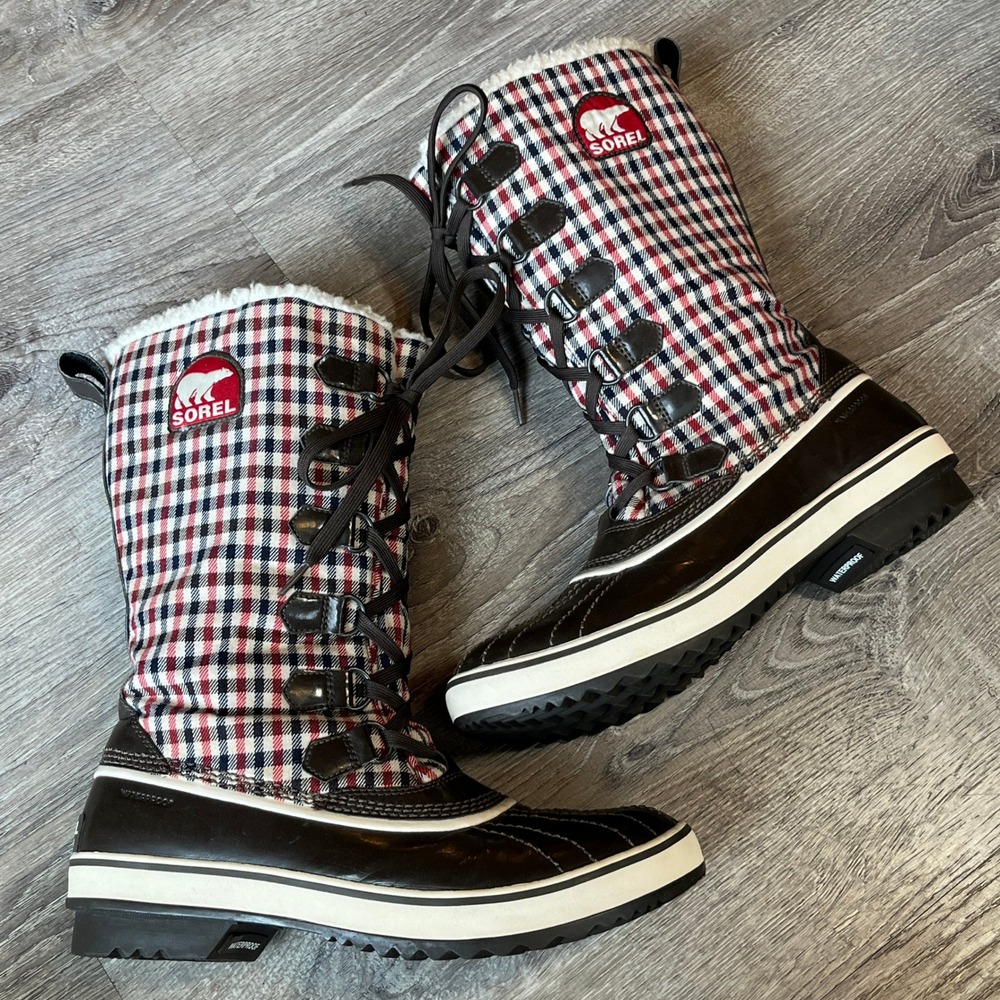 Sorel Tiovoli High Plaid Waterproof Snow Boots Brown Red NL1626-231 Womens 9.5